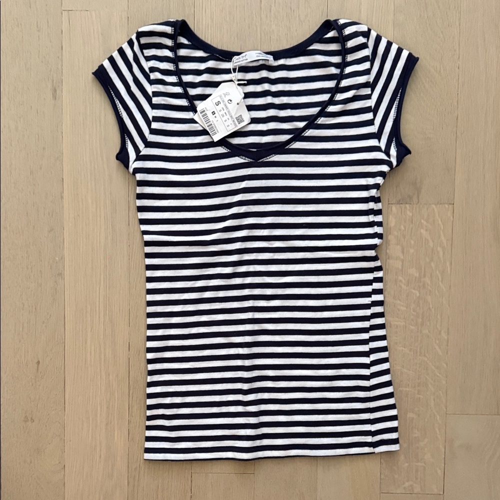 Zara Navy and White Striped Short Sleeve Tee